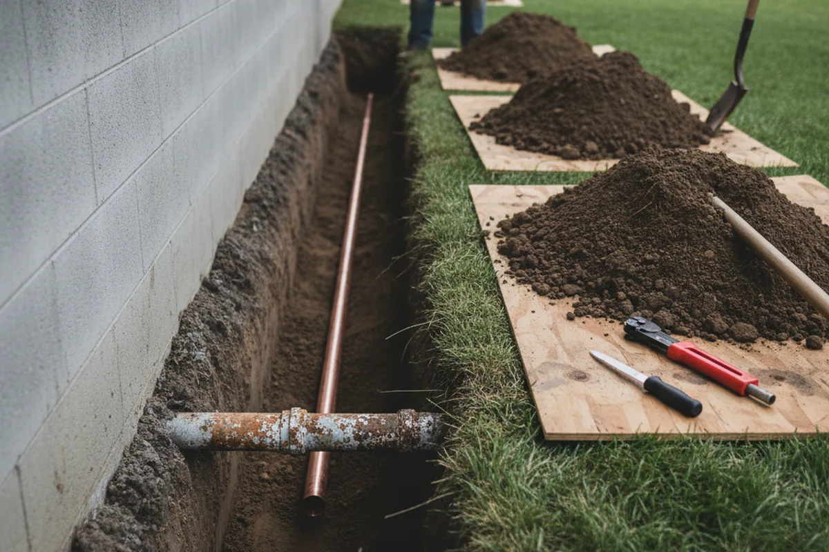 Excavated water line trench during Water Softener Installation in Mattituck